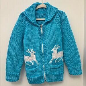 Child's turquoise and white hand knit zip up cardigan, size 4-5